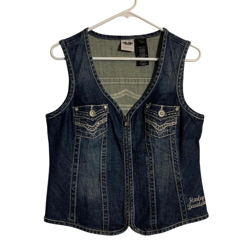 Harley Davidson Vest Women’s Size Large Denim Embroidered Bling Flap pockets
